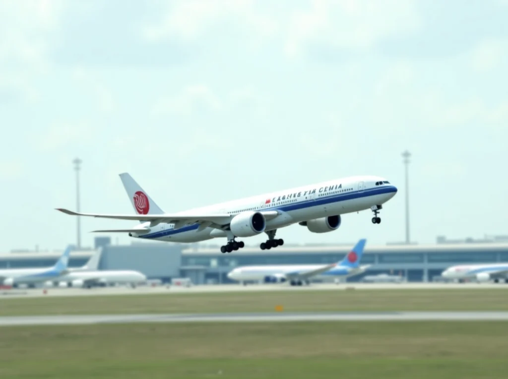 Un avion de la compagnie Air China, modèle Boeing 777, en train de décoller d’un aéroport international. En arrière-plan, plusieurs autres avions stationnés près des terminaux sous un ciel légèrement nuageux.